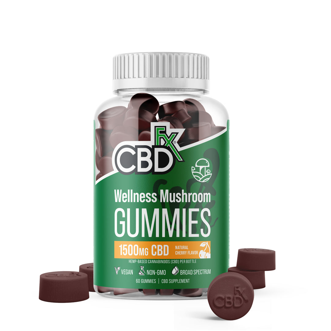 CBDfx Wellness CBD Mushroom Gummies 1500mg CBD container with 7 types of mushrooms in natural cherry flavor