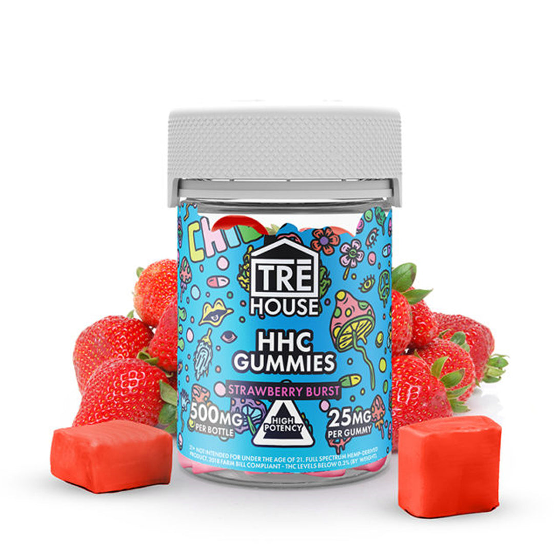 TRE House HHC Gummies with 25mg HHC gummy in the strawberry burst flavor with 500mg HHC gummies in each container. 
